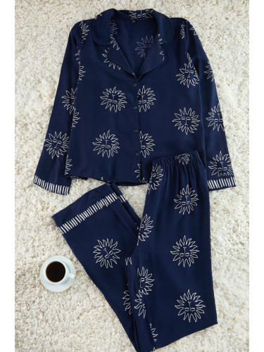 Trendyol Navy Blue Sun Patterned Viscose Woven Pajama Set