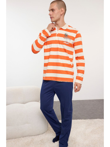 Trendyol Men's Orange-Ecru Striped Polo Collar Regular Fit Knitted 100% Cotton Pajama Set