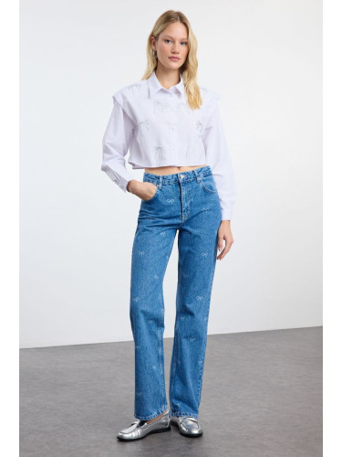 Trendyol Blue Bow Detailed High Waist Wide Leg Jeans