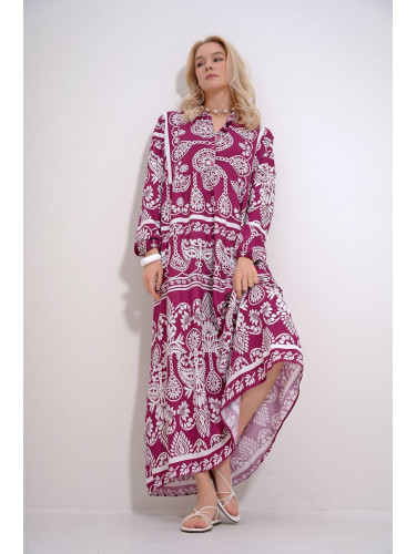 Trend Alaçatı Stili Women's Pink Robe Button Detailed Flounce Patterned Woven Viscose Dress