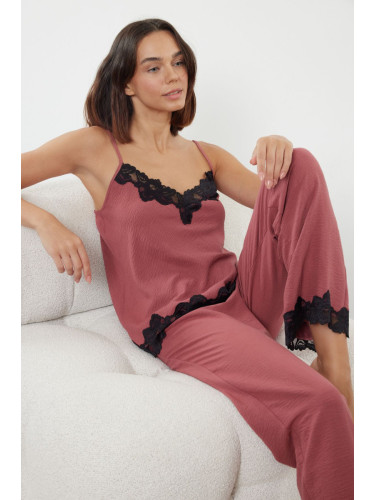 Trendyol Dusty Rose Lace Detailed Rope Strap Satin Woven Pajama Set