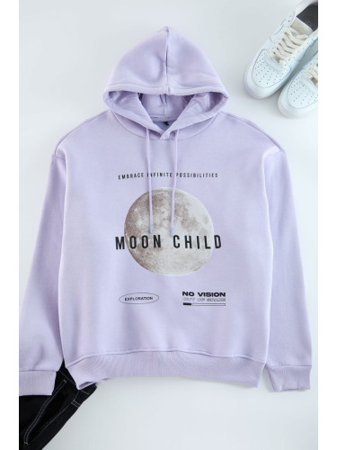 Trendyol Lilac Oversize/Wide Cut Hooded Fleece Inside Printed Sweatshirt