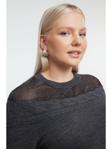 Trendyol Curve Anthracite Braided Tulle Detailed Knitwear Sweater