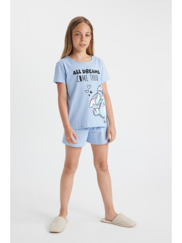 DEFACTO Girl's Disney Lilo & Stitch Short Sleeve Pajama Set with Shorts