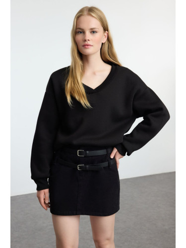 Trendyol Black Basic V Neck Oversize/Wide Pattern Thick Polar Fleece Knitted Sweatshirt