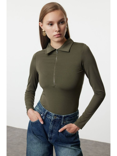 Trendyol Khaki Zipper Collar Detailed Stretchy Knitted Bodysuit with Snap Fasteners