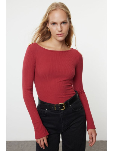 Trendyol Burgundy Boat Neck Ribbed Flexible Regular Fit Long Sleeve Button Detailed Knitted Blouse