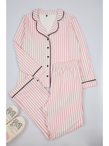 Trendyol Curve Pink Stripe Patterned Piped Fleece Lined Shirt-Pants Knitted Pajama Set