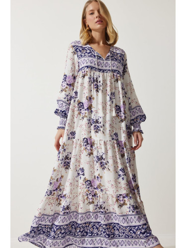 Happiness İstanbul Women's Lilac Patterned Oversize Long Viscose Dress