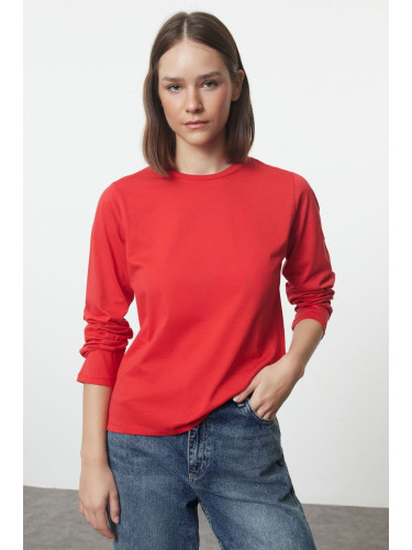 Trendyol Red 100% Cotton Long Sleeve Crew Neck Regular/Normal Fit Basic Knitted T-Shirt