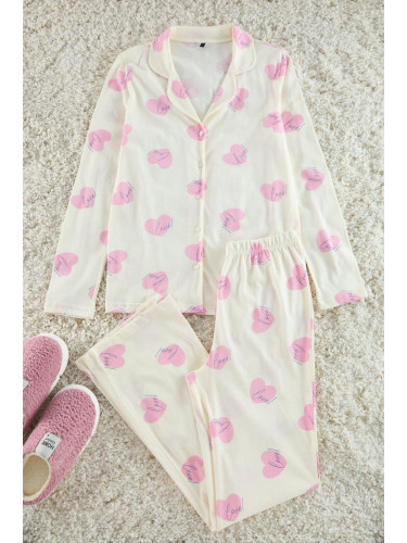 Trendyol Ecru 100% Cotton Slogan Heart Patterned Knitted Pajama Set