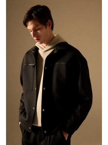 DEFACTO Relax Fit Polo Collar Snap Closure Zipper Pocket Seasonal Jacket Coat