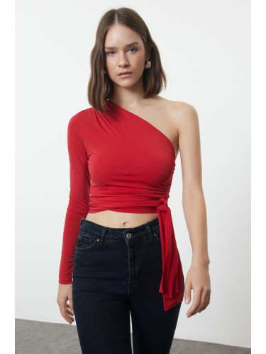 Trendyol Red Slim Tie Detailed Single Sleeve Crop Stretchy Knitted Blouse