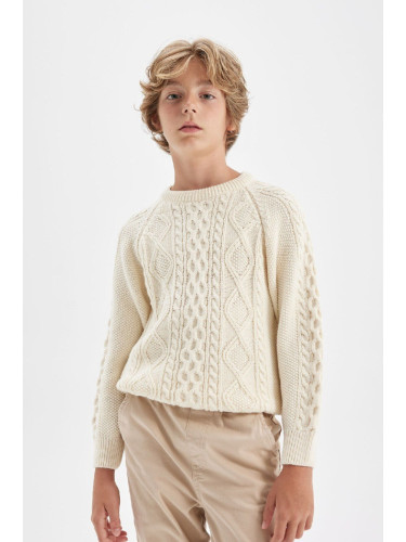 DEFACTO Boy's Ecru Crew Neck Knitted Patterned Knitwear Sweater