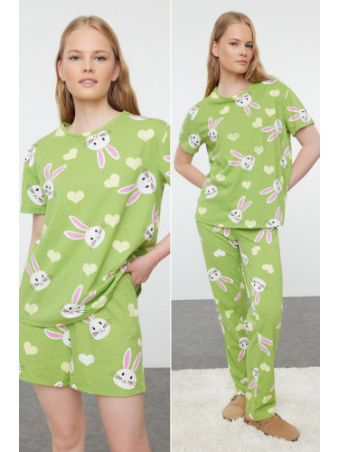 Trendyol Green 3-Pack 100% Cotton Rabbit and Heart Patterned Knitted Pajama Set