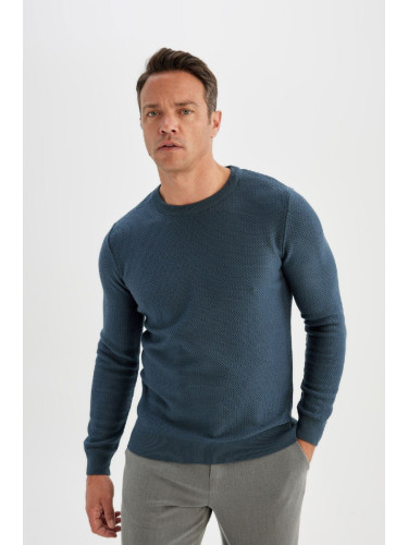 DEFACTO Blue Standard Fit Regular Cut Crew Neck Textured Knit Sweater