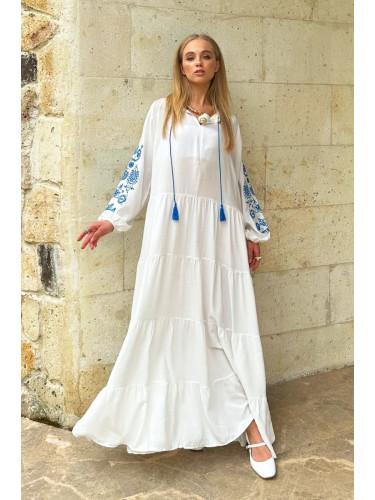 Trend Alaçatı Stili Women's White Prevailing Collar Sleeves Embroidered Layered Flounced Woven Viscose Dress