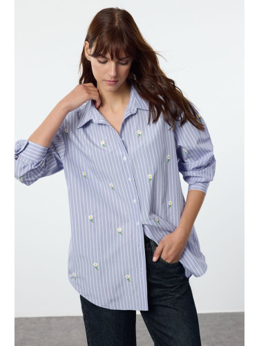 Trendyol Light Blue Daisy Print Detailed Oversize Wide Fit Shirt