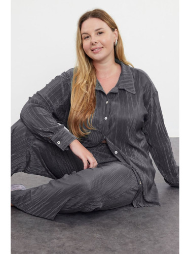 Trendyol Curve Anthracite Elastic Elastic Waist Pleated Plus Size Shirt Trousers Top-Bottom Set