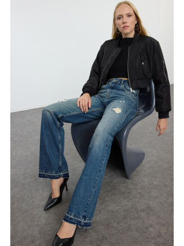 Trendyol Dark Blue Ripped Normal Waist Wide Leg Jeans