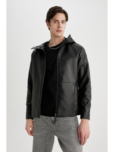 DEFACTO Slim Fit Faux Leather Jacket Coat Slim Cut Hooded Zippered Pocket Seasonal