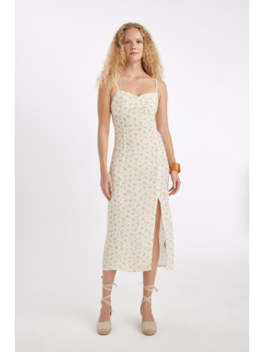 DEFACTO Sweetheart Neckline Floral Leather Strap Midi Dress