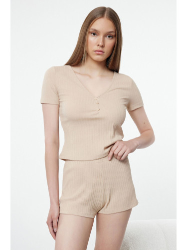 Trendyol Beige Button Detailed Ribbed Knitted Pajama Set