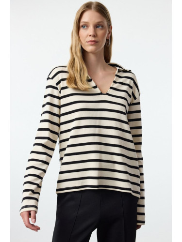 Trendyol Ecru Polo Neck Relaxed/Comfortable Fit Striped Knitted Sweatshirt