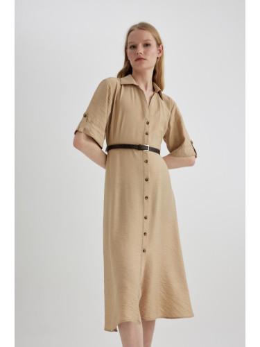 DEFACTO Shirt Collar Half Sleeve Belted Midi Dress