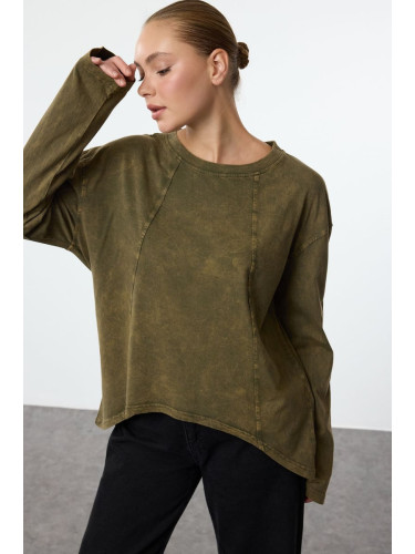 Trendyol Khaki Washed/Faded Effect Sewing Detailed Asymmetrical Crew Neck Knitted T-Shirt