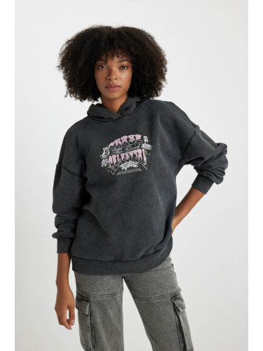 DEFACTO Oversize Fit Back Printed Hooded Thick Washed Pale Effect Sweatshirt