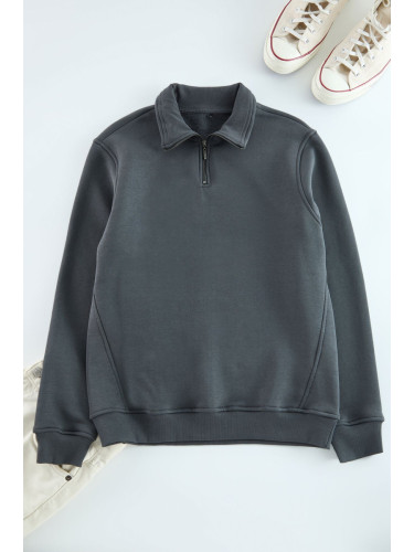 Trendyol Anthracite Regular/Normal Cut Stand Collar Zippered Cotton Basic Sweatshirt