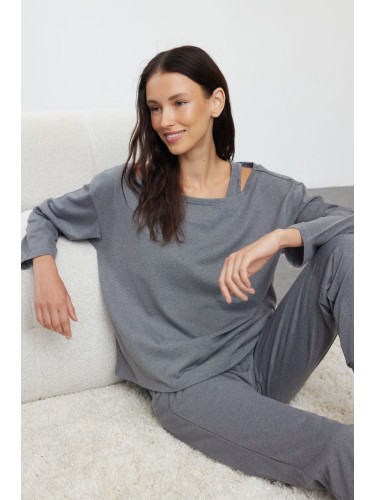 Trendyol Gray Melange 3-Piece Cotton Knitted Pajama Set