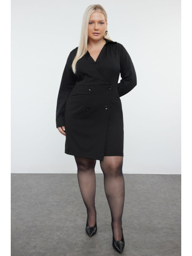 Trendyol Curve Black Pocket Woven Plus Size Mini Shirt Dress