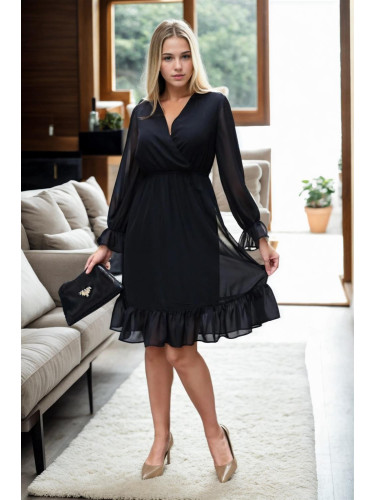 11353 Dewberry Lined Double Breasted Chiffon Dress-BLACK