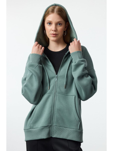 Trendyol Dark Green Oversize/Relaxed Fit Zippered Thick Inside Fleece Knitted Sweatshirt