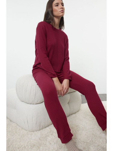 Trendyol Claret Red Soft Touch Ribbed Knitted Pajama Set