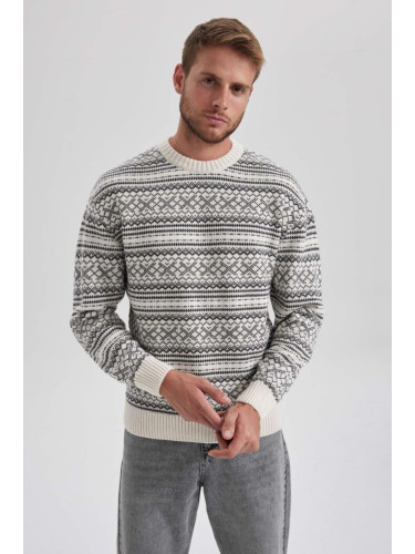 DEFACTO Relax Fit Patterned Crew Neck Sweater