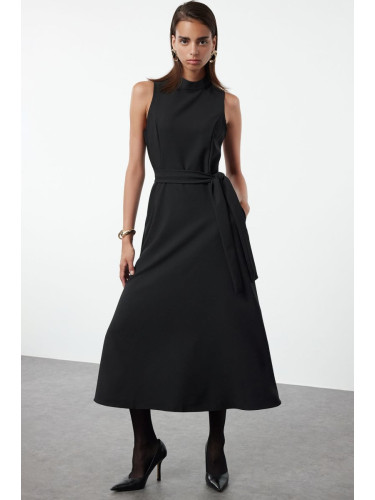 Trendyol Black Belted Waist Opening Stand Collar Midi Woven Dress