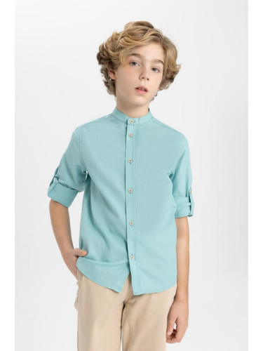 DEFACTO Boy's High Neck Linen Look Long Sleeve Shirt