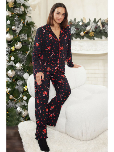 Trendyol Black-Multicolor Heart New Year Themed Viscose Woven Pajamas Set with Piping Detail