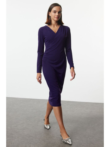 Trendyol Purple Double Breasted Collar Long Sleeve Gather Detailed Fitted Midi Knitted Dress