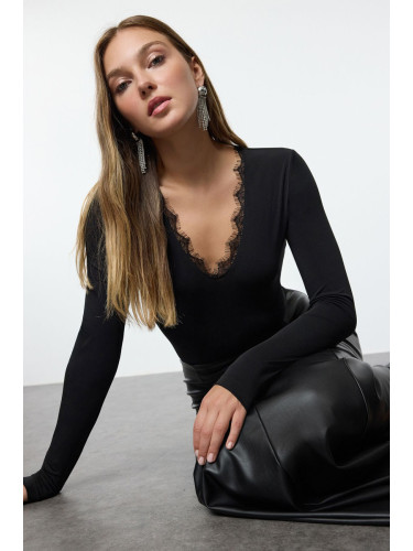 Trendyol Black Knitted Lace Collar Detailed Bodysuit