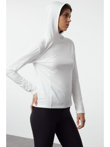 Trendyol White Micro Reflective Print Detailed Hooded Knitted Sports Top/Blouse