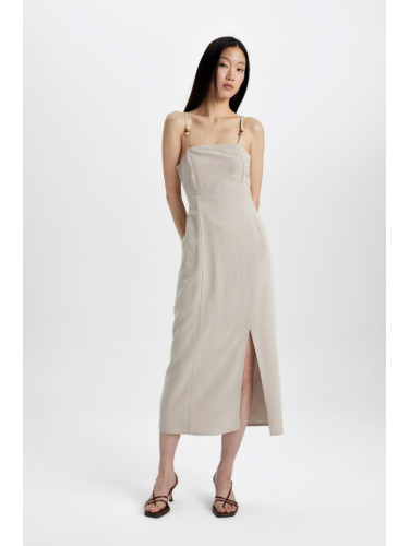 DEFACTO Slit Fit Square Neck Slit Linen Strap Dress