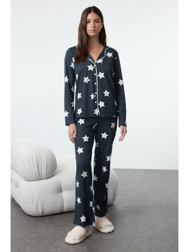 Trendyol Navy Blue 100% Cotton Star Patterned Piping Detailed Knitted Pajamas Set