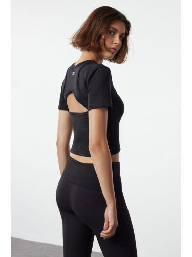 Trendyol Black Brushed Soft Reflective and Cut Out/Window Detail Crop Yoga Knitted Sports Top/Blouse