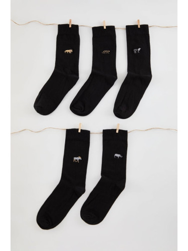 Trendyol Black Unisex 5-Pack Animal Embroidered Cotton Sock-Long Socks