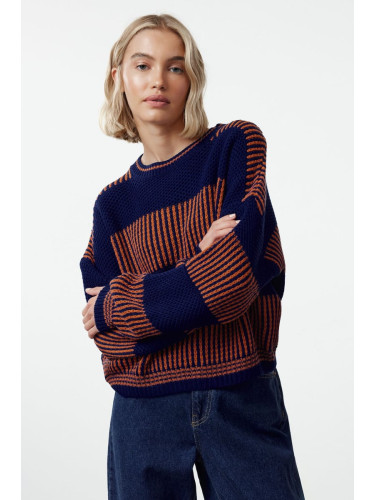 Trendyol Navy Blue Wide Cut Striped Knitted Sweater