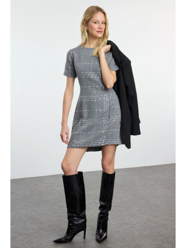 Trendyol Anthracite Plaid / Checkered Straight Cut Tweed Woven Dress